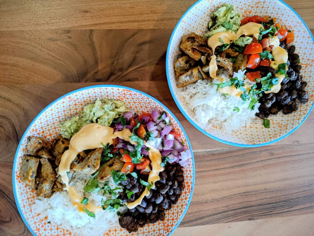 Vegan Burrito Bowl with Plant-Based Chick’n & Creamy Coconut&nbsp;Sauce